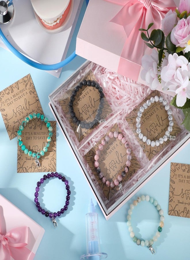 Quelay 6 Sets Dental Hygienist Gift Tooth Bracelet Natural Stone Bracelet with Thank You Card Valentines Appreciation Gift Charm Teeth Jewelry for Dentist Assistant Accessories Women Medical Coworker - Image 4